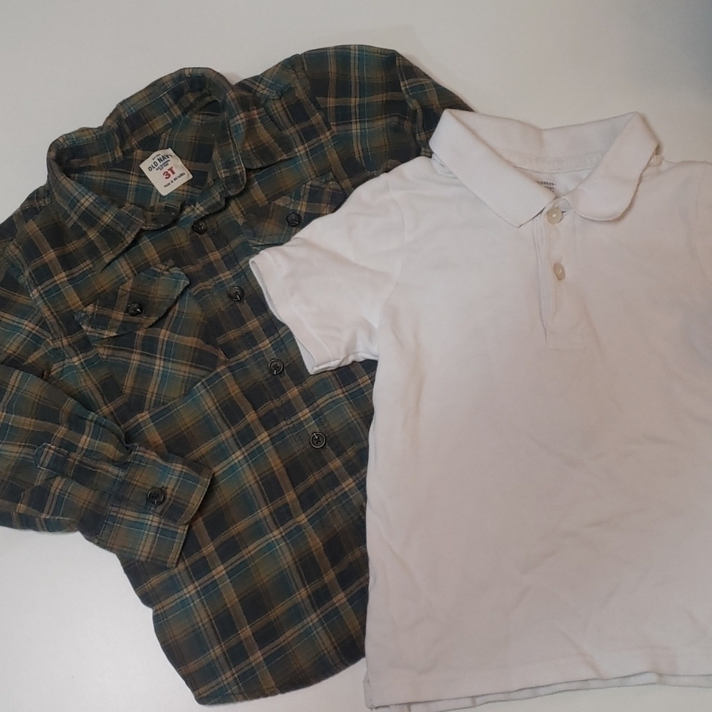 5/$30 OLD NAVY Plaid Long Sleeve + CP Short Sleeve Polo Both 100% Cotton